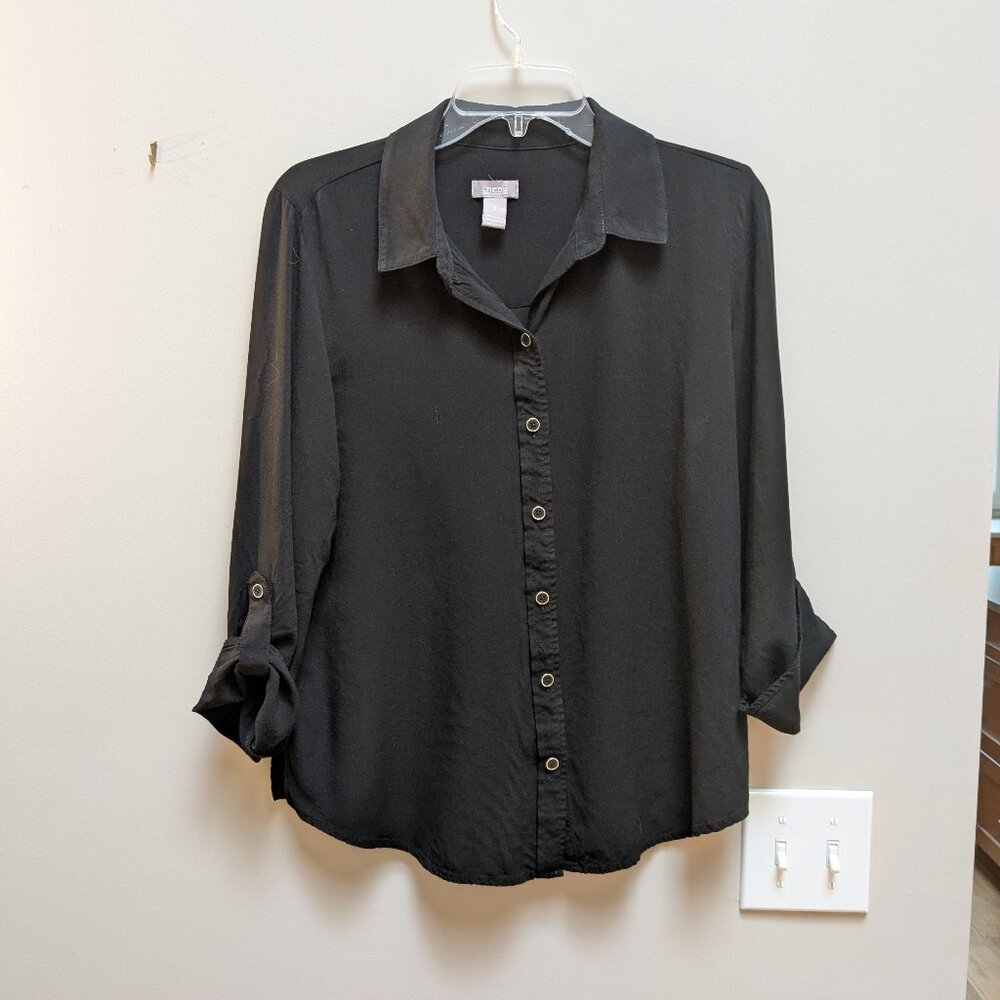 Chico's Black Rayon Rolled Tab Long Sleeve Botton Up Collared Sexy Blouse Shirt